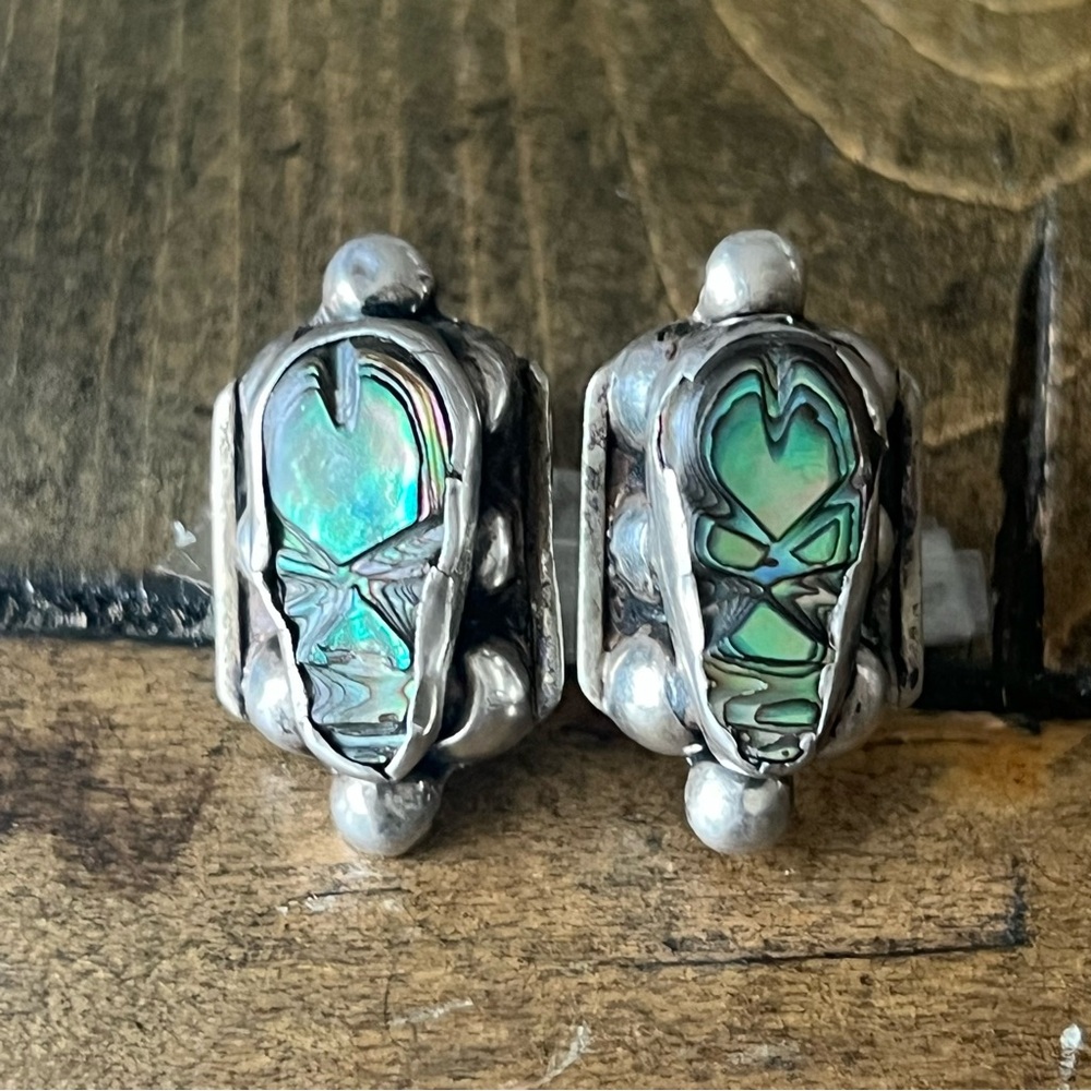 Vintage Taxco Mexico Sterling Silver Abalone Screw-Back Earrings – Stamped 925 - Picture 4 of 10